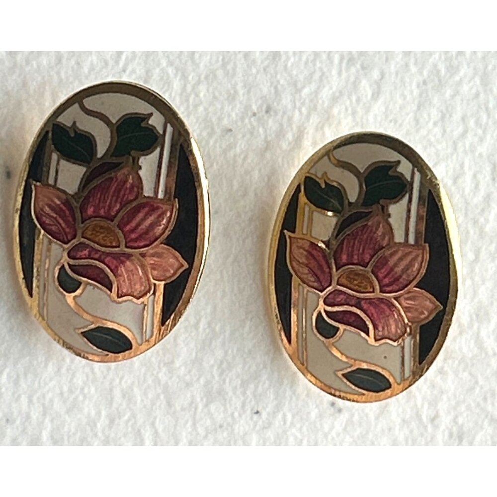Vintage Cloisonne Floral Oval Stud Earrings Gold Enamel Statement Jewelry
